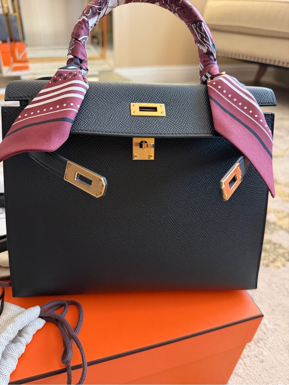 2025 Hermes Black-Handle Satchel with Burgundy Handle Scarf and Gold Hardware